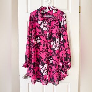 In Every Story Floral Pink and Black Sheer Women's Shirt,2X, ptp 26.5”